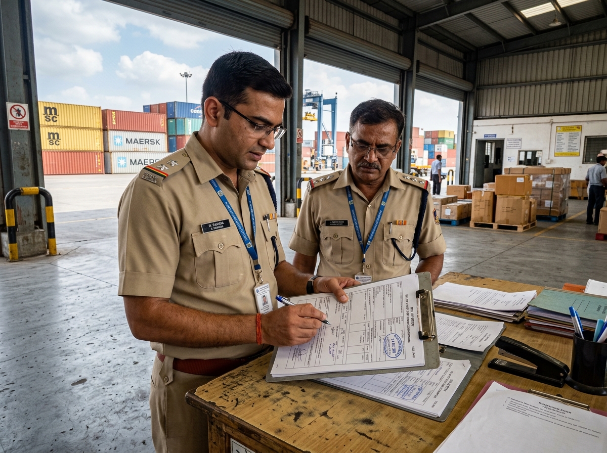 Customs clearing professionals and inspectors examining shipping documentation and container manifest at platform