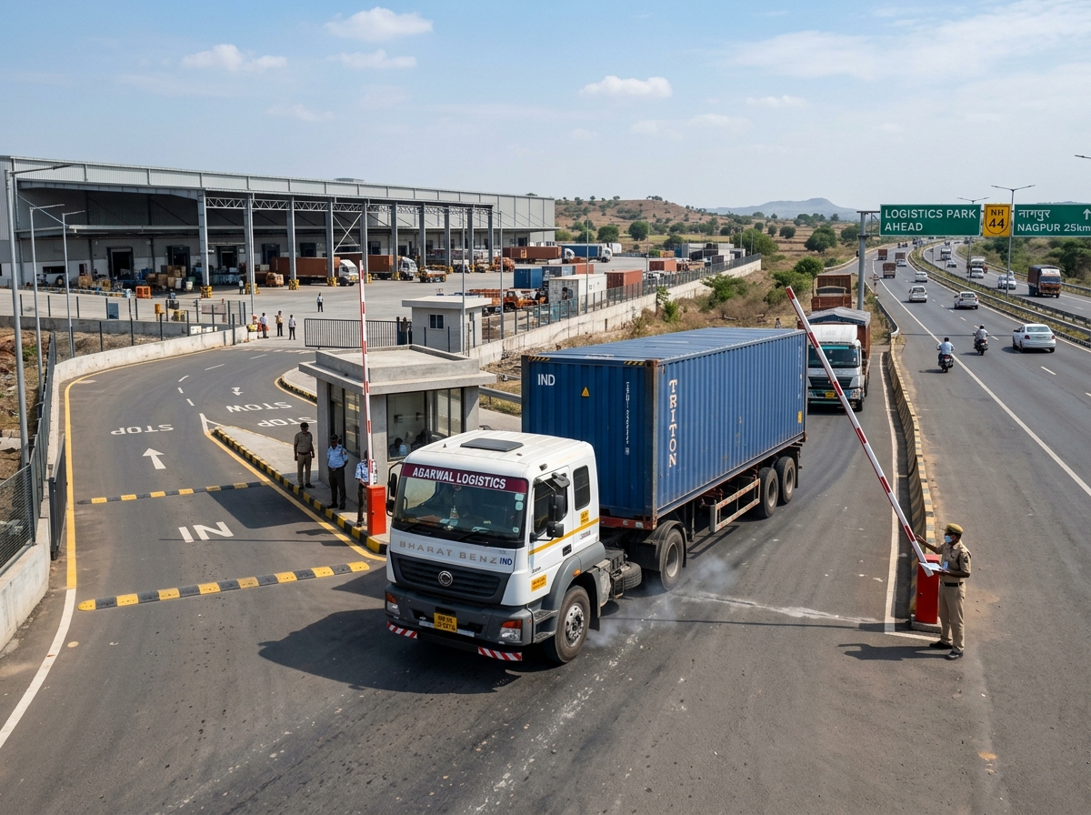 Commercial container trailer truck entering Indore road connected logistics terminal in Central India