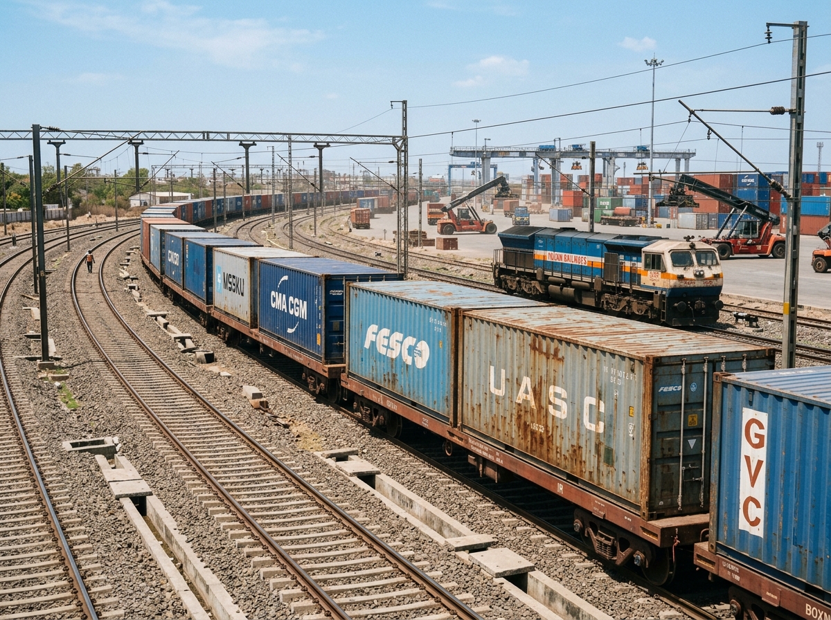 Western Railway freight train rake carrying shipping containers on siding tracks in Ratlam