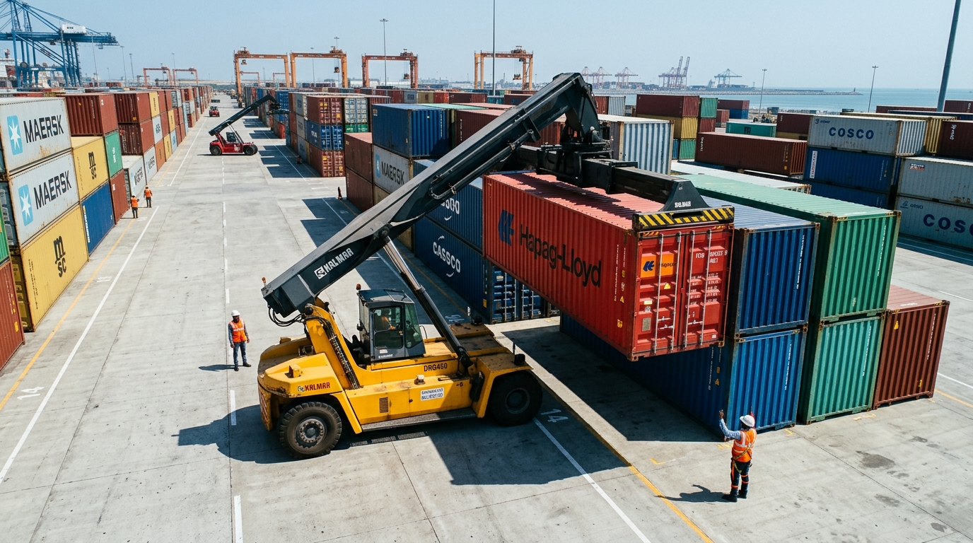 Heavy reach stacker precisely positioning a container in a paved container terminal yard in Central India